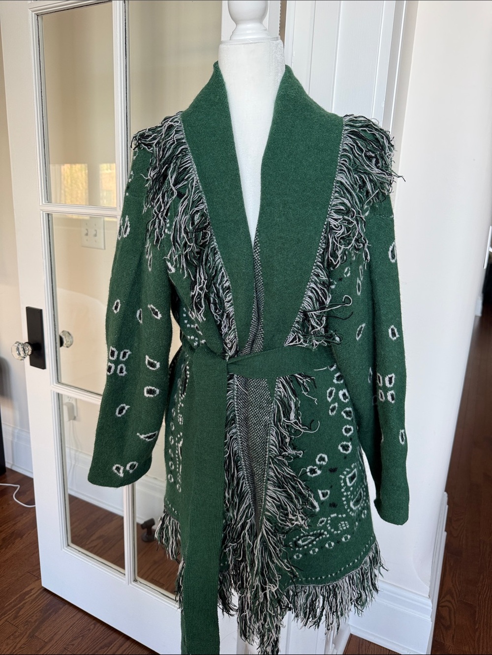 Sugarlips Forest Green Fringe Wrap Cardigan with White Pattern
